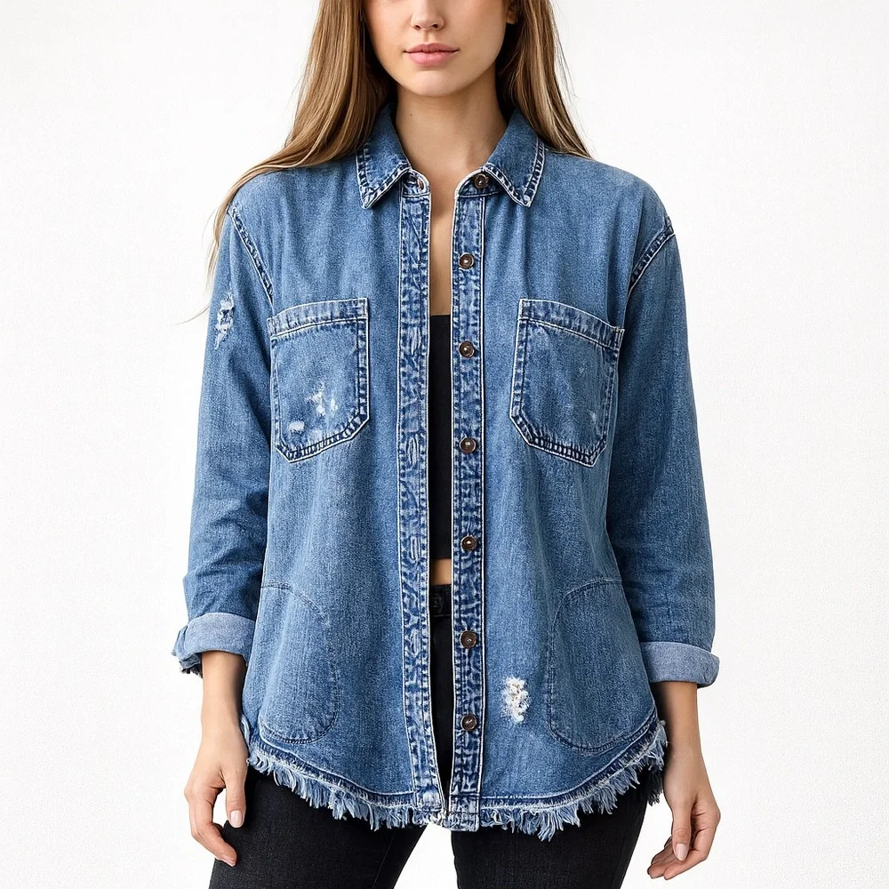 American Eagle Denim Jacket Size Medium Blue Oversized Frayed Graphic Distressed - Picture 1 of 10